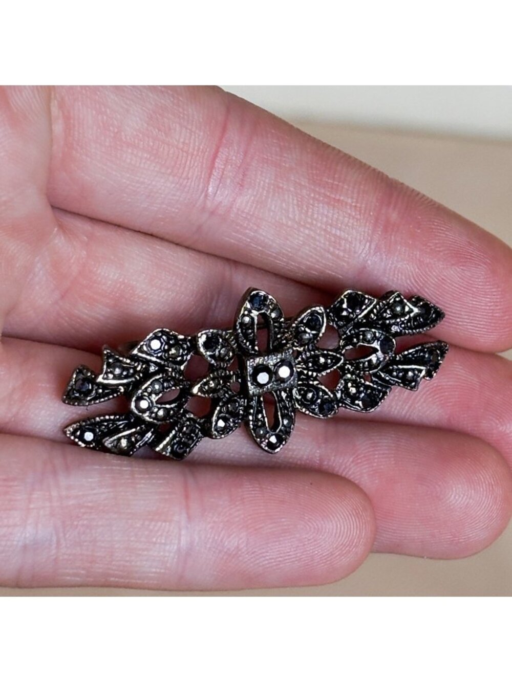 Vintage Art Deco Sterling Silver Brooch Marcasite Rhinestone Ornate Pin a111